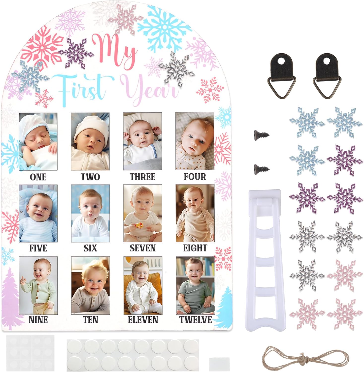 Winter Snowflake My First Year Photo Frame Pink Purple Blue, Baby's First Year Picture Frame, Newborn 12 Months Milestone Display Wood Board for 1st Birthday Decorations Keepsake Gift Pink, purple, blue