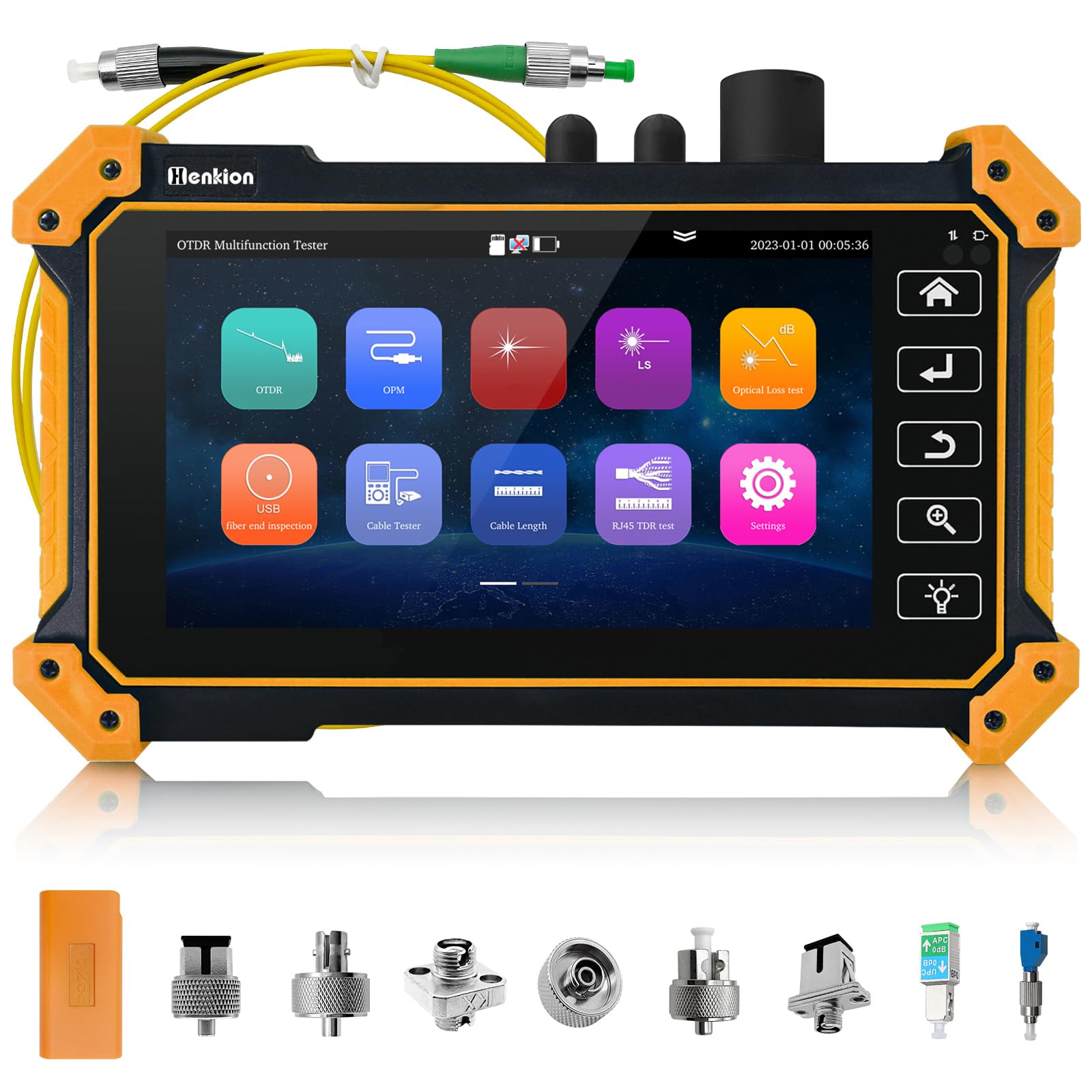 Henkion OTDR Fiber Optic Tester 1310/1550 nm 26/24 dB Glasfasermessgerät, Automatik/Parametermodus, OPM, LS, OLS, Ereigniskarte, Kabeltester, 8 Fasernadapter, Datei- und Berichtseinstellung