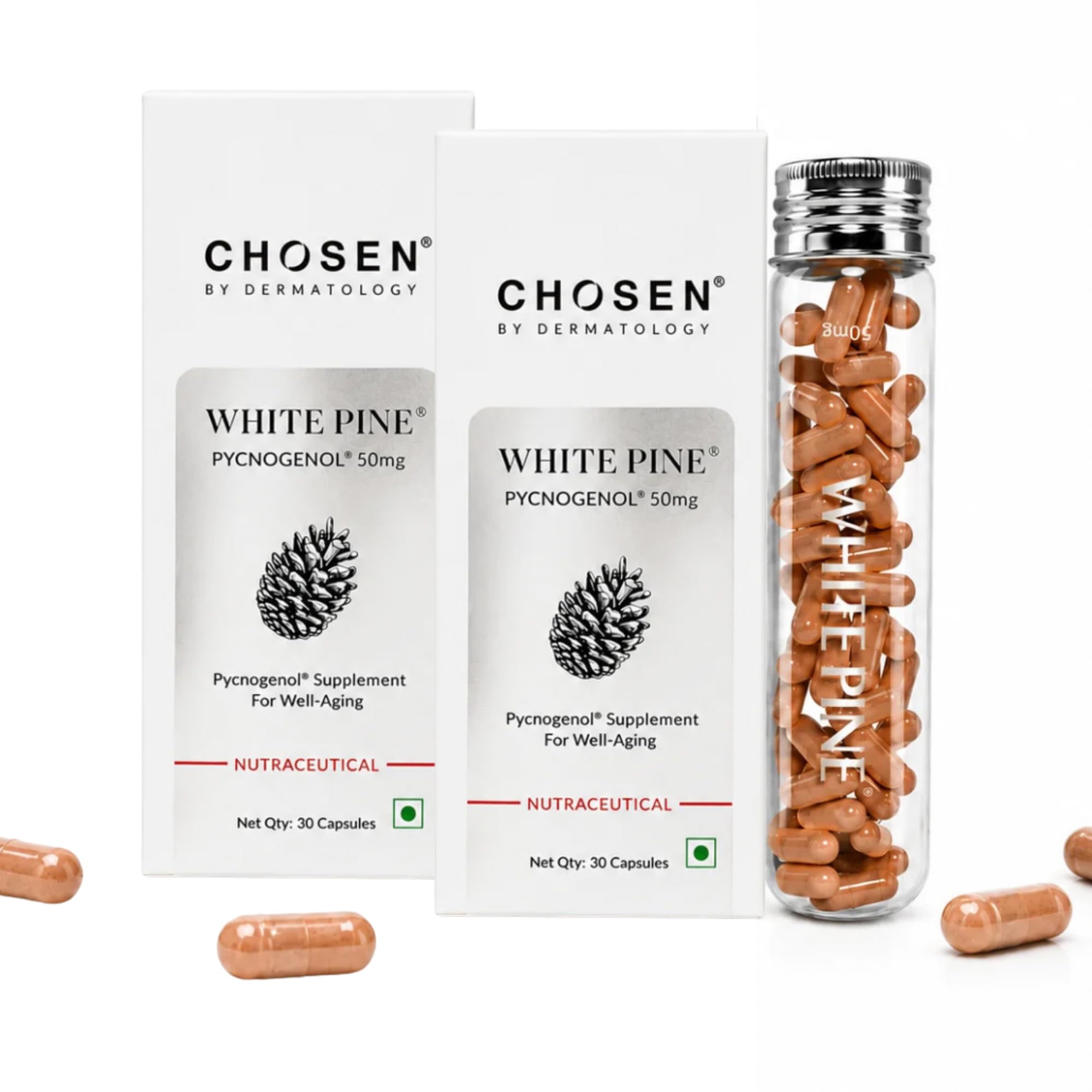 CHOSEN- White Pine PycnognoL (Pack of 2, 50mg/capsule) - French Maritime Pine Bark Extract Capsules - Antioxidant - For Skin Care, Heart Health & overall well being - Non GMO-image-40
