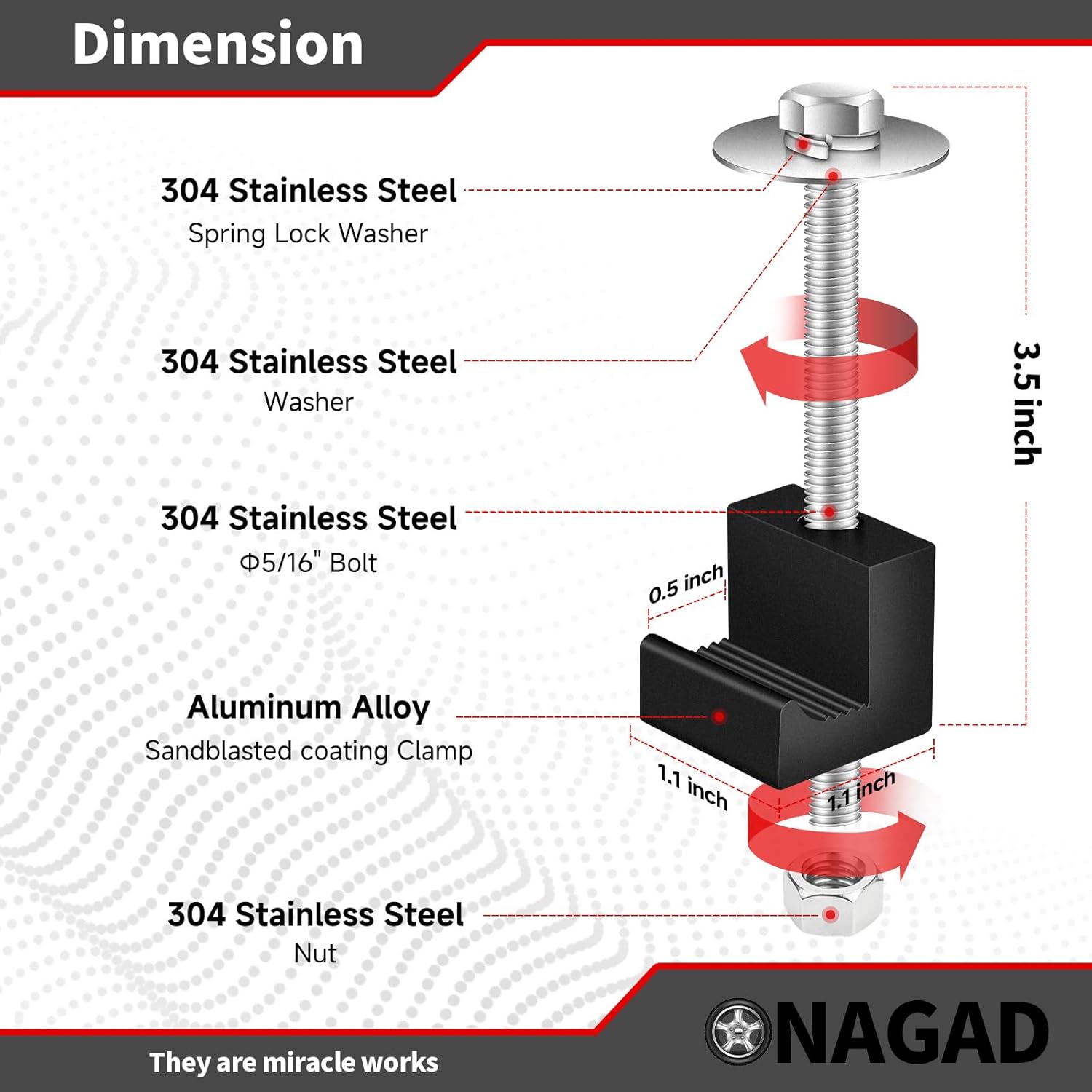 Diagram showing the dimensions of the J-hook clamp and bolt, highlighting the 304 Stainless Steel components and Aluminum Alloy clamp.