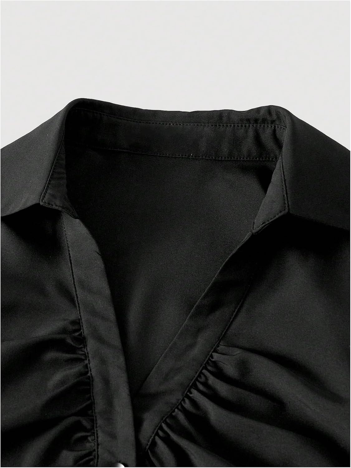 MakeMeChic Women's Bell Sleeve Button Down Shirt V Neck Ruched Collared Work Blouse Tops - Image 3