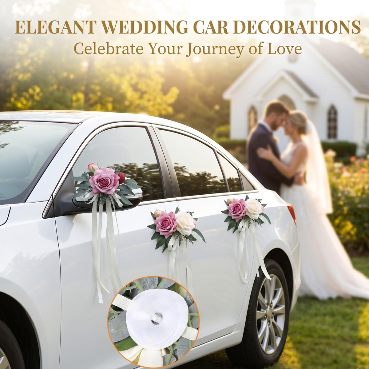 6 Stück Hochzeit Autoschmuck, Auto Türgriff Blume Deko, Autoschleifen Hochzeit Rückspiegel Dekoration, Künstliche Rose mit Saugnäpfen für Hochzeitsdeko Auto Rückspiegel Cremrosa