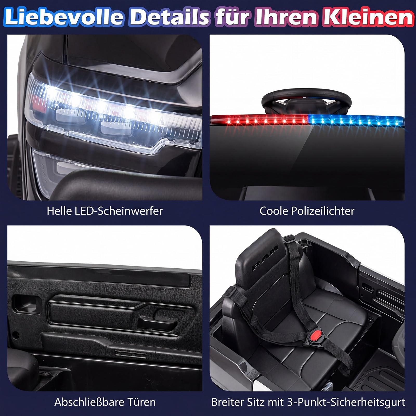 COSTWAY 12 V Kinder Elektroauto, Polizei Kinderauto mit Fernbedienung | Kinderfahrzeug mit Sirene, Blaulicht, Hupe & Sicherheitsgurt, Elektrofahrzeug für Kinder ab 3 Jahren, für drinnen & draußen