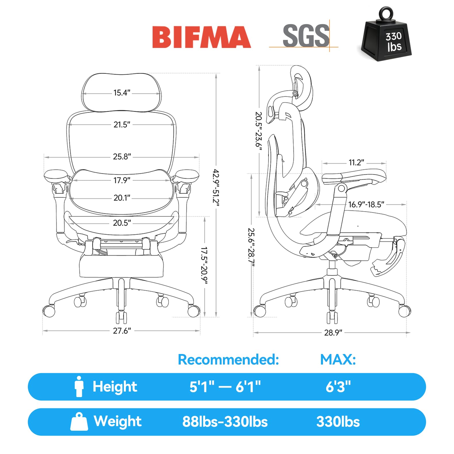 SIHOO Doro C300 V2 Ergonomischer Bürostuhl mit Fußstütze, Netz-Schreibtischstuhl mit 8D-Armlehnen, Drehbarer Lendenwirbelstütze, 3D-Kopfstütze, Computerstuhl für Homeoffice und langes Sitzen, Weiß
