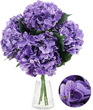 Hydrangea Artificial Flowers, 4 PCS Single Long Stem Faux Flowers, 19.6Inch Large Real Touch Fake Flowers Bouquets for Wedding, Home Party, Table Centerpiece, Room & Office Decor Purple