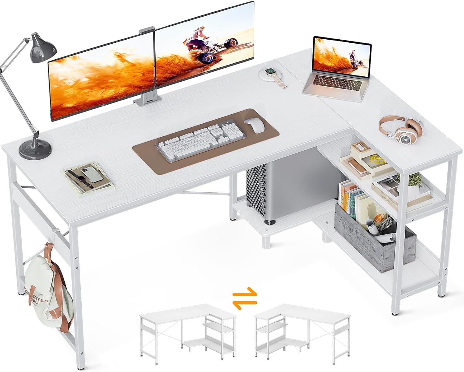 ODK 55 Inch Small L Shaped Computer Desk, Corner Desk with Reversible Storage Shelves & PC Stand for Home Office Workstation, Modern Simple Writing Study Table with Storage Bag for Small Space, White