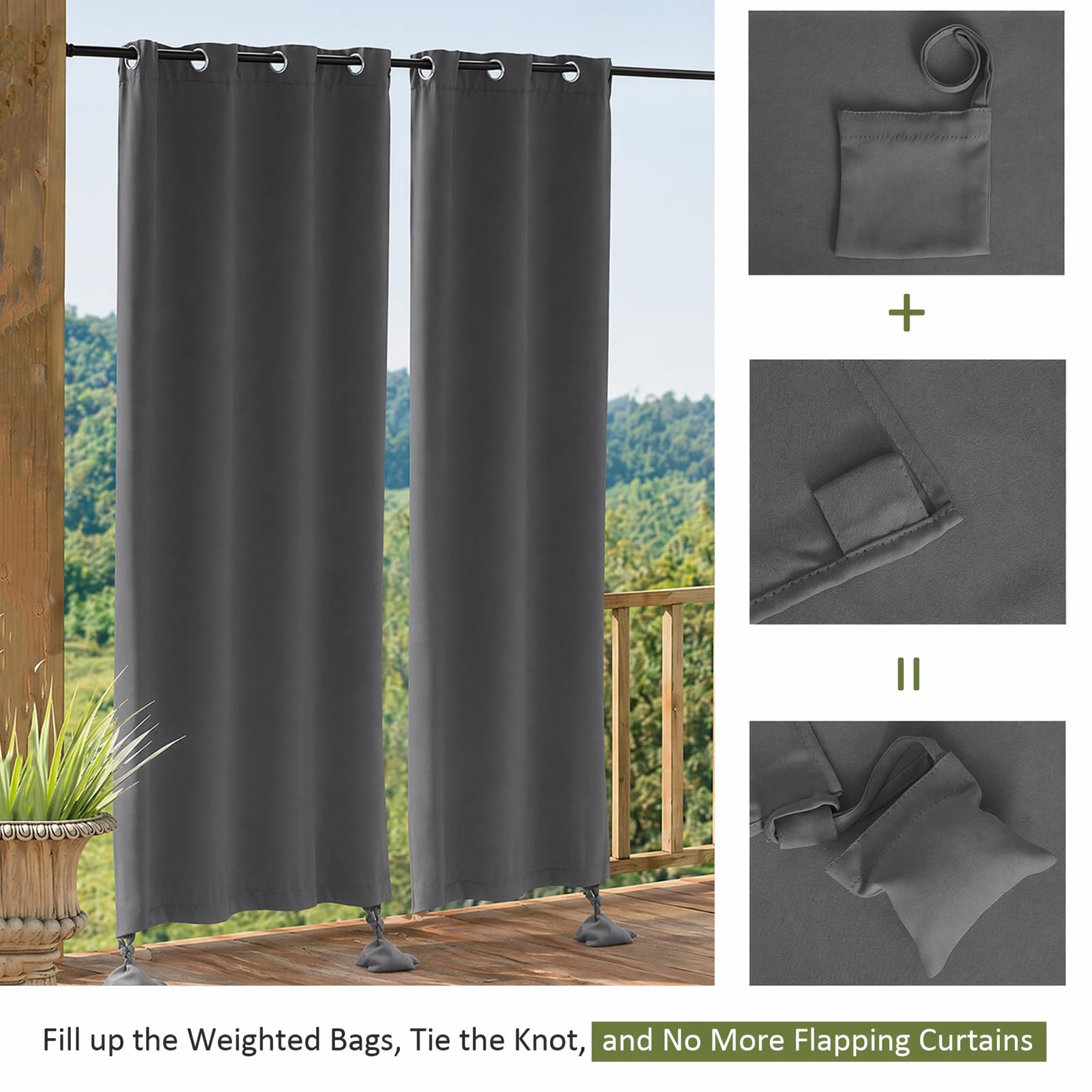 Outdoor Vorhang Wetterfest, Outdoorvorhänge mit Ösen und Gewichteten Säcken, für Pavillon Terrasse Pergola Balkon Garten, 2er Set, B 132 x H 243cm (Dunkelgrau)