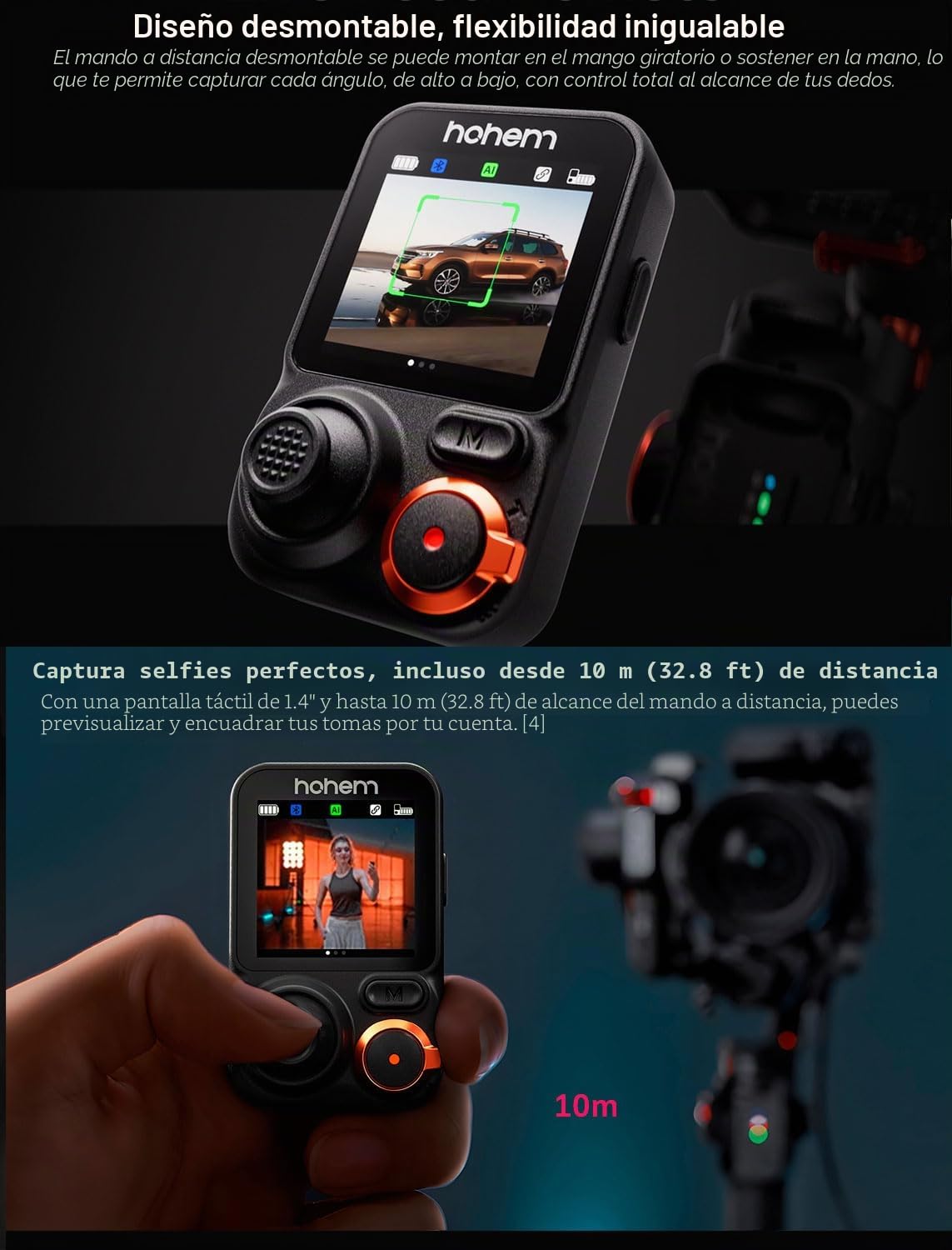 Hohem iSteady MT3 Pro - Estabilizador de cámara 4 en 1 con rastreador de IA, controles de pantalla táctil desmontables, luz de relleno, cardán de 3 ejes para cámaras de acción y teléfonos inteligentes