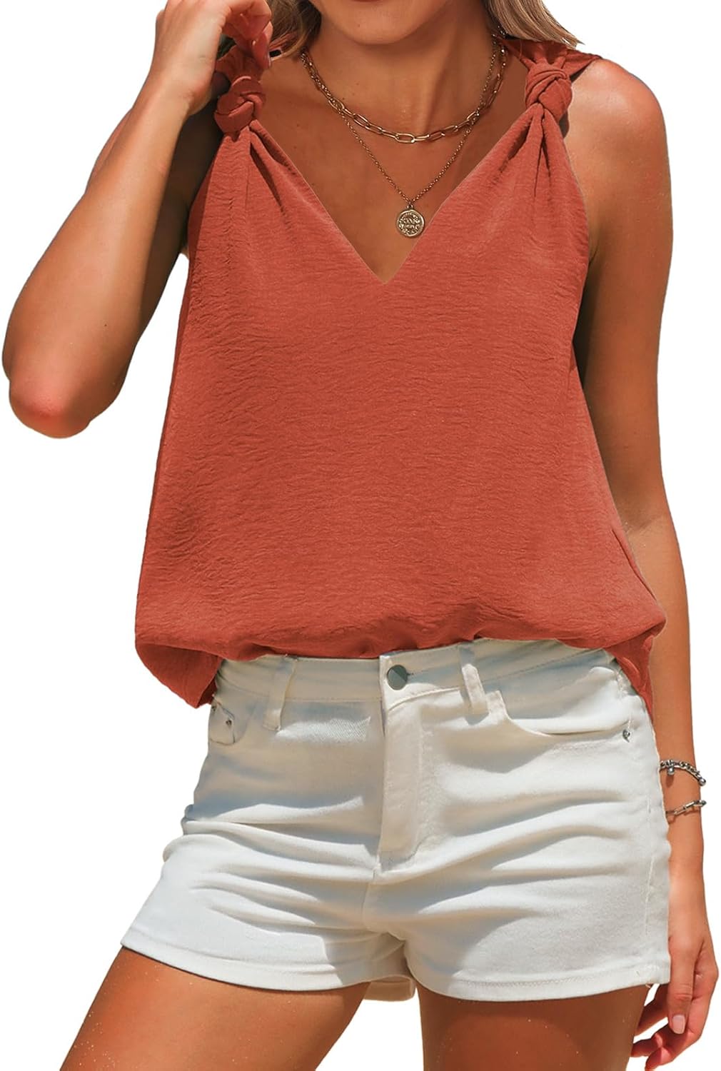 EXLURA Womens Summer Tank Top Business Casual V Neck Knotted Sleeveless Blouses Fashion Trendy Dressy Work Shirt Outfits 2026