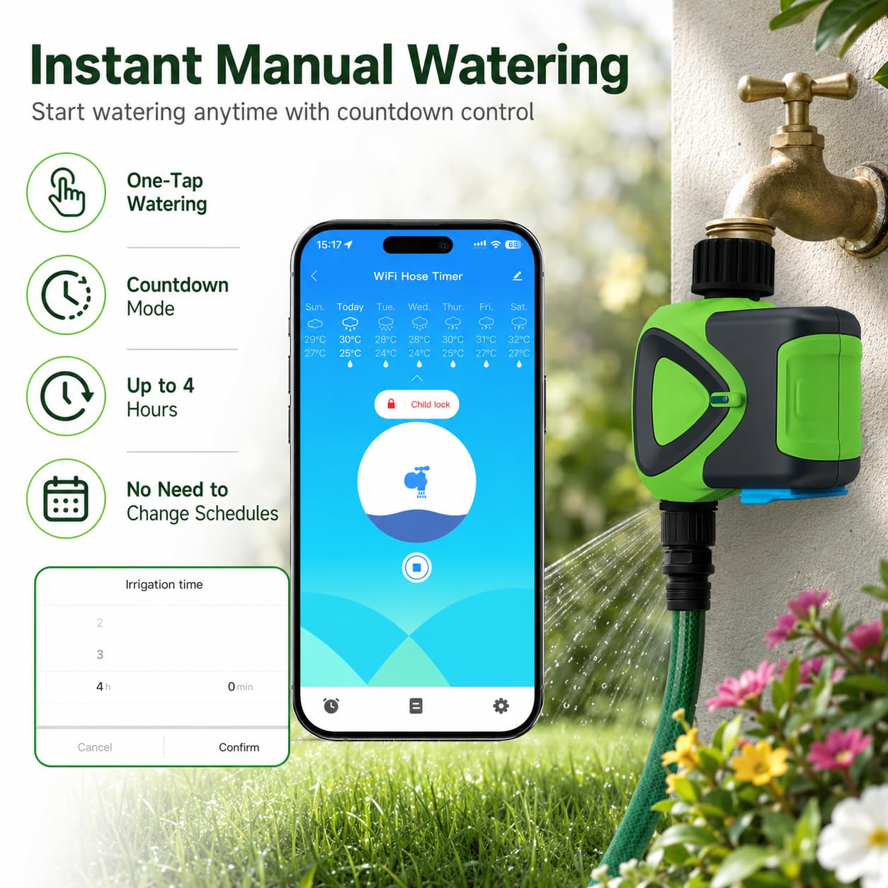 WiFi bez piasty timer, inteligentny harmonogram nawadniania ze sterowaniem aplikacją 2,4 GHz, automatyczne nawadnianie, odliczanie, programowanie, IP65 do ogrodu i trawnika szklarniowego