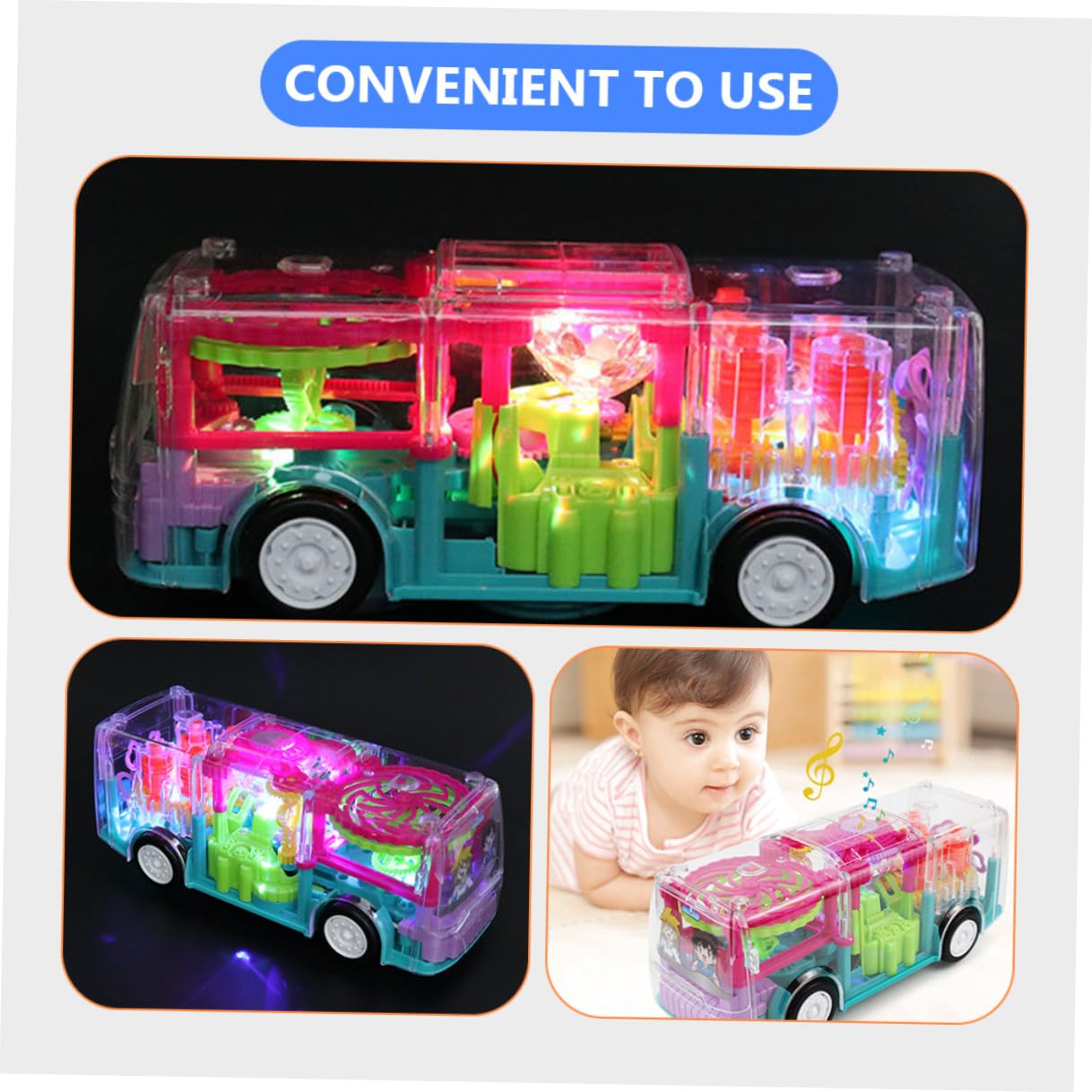 Hohopeti Autobús Eléctrico de Juguete Transparente Engranajes, Luces y Música, Modelo Educativo, Vehículo de Juguete Multifunción para Diversión y Aprendizaje