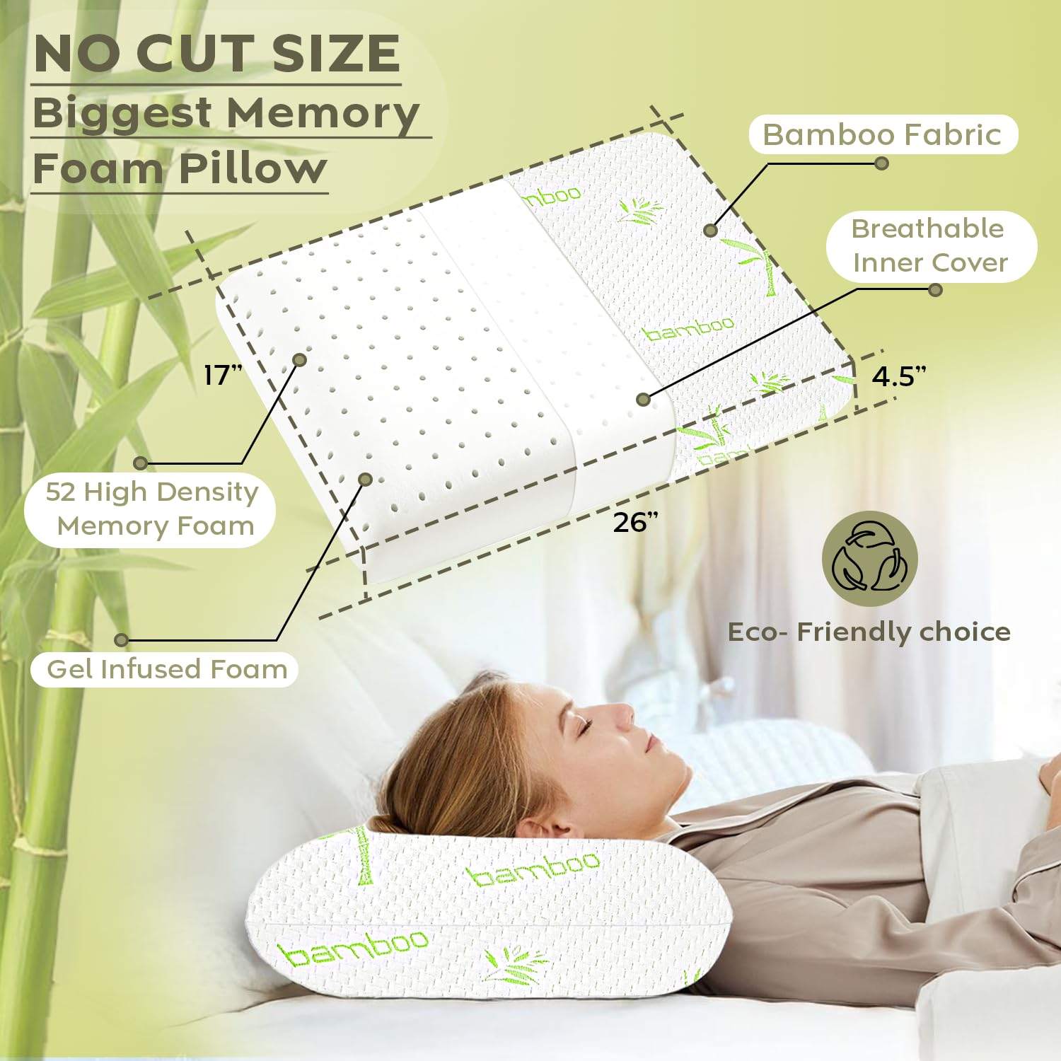 AYKA Bamboo Orthopaedic Memory Foam Bed Pillow for Sleeping, Relief Neck Pain, Shoulder Pain & Back Pain | Suitable for Side, Back & Stomach Sleepers | (Standard Size, 25x16 inch, Pack of 2) 3