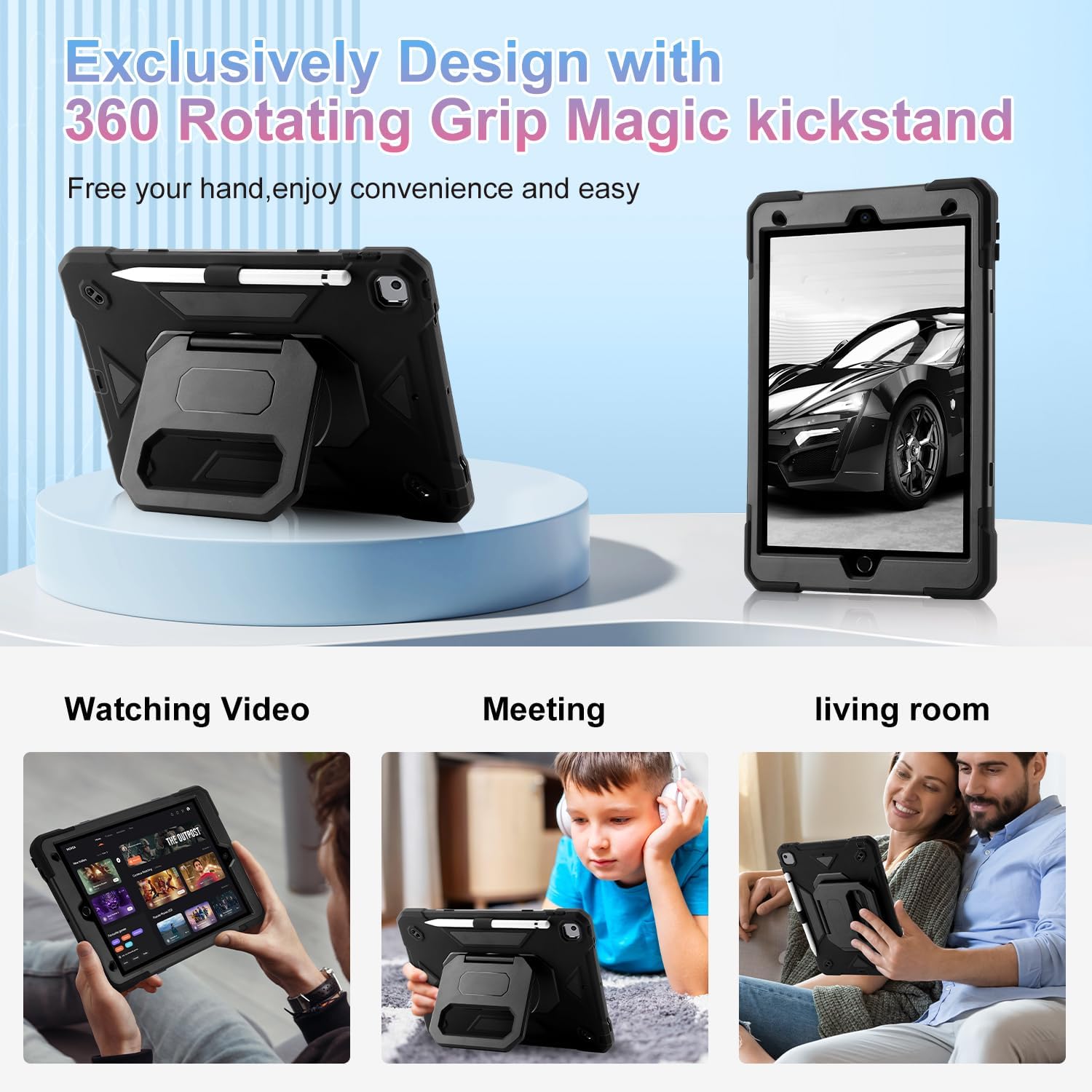 for iPad 9th/ 8th/ 7th Generation Case (iPad 10.2 inch Shockproof Case) with 360 Rotating Grip Magic Stand, Pencil Holder/Keychain/Carrying Shoulder Strap for iPad 10.2 inch