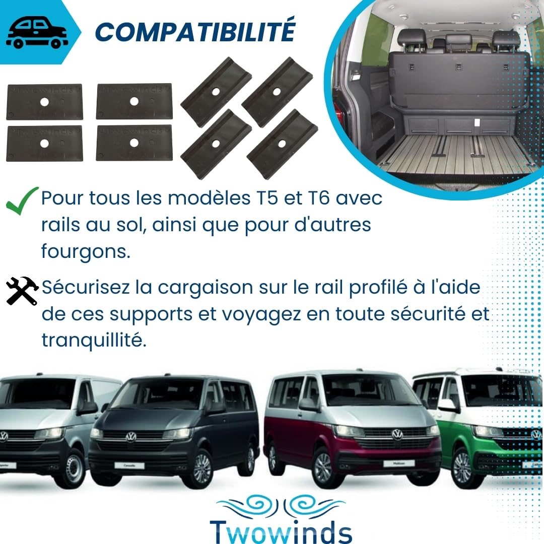 Twowinds - Support Rail Compatible avec VW T5 T6 Multivan Transporter California - Protection Rail - Arrimage Cargaison - Support Coulissant - Fixation Multiflexboard Mobilier Frigo Potty (8 pièces)