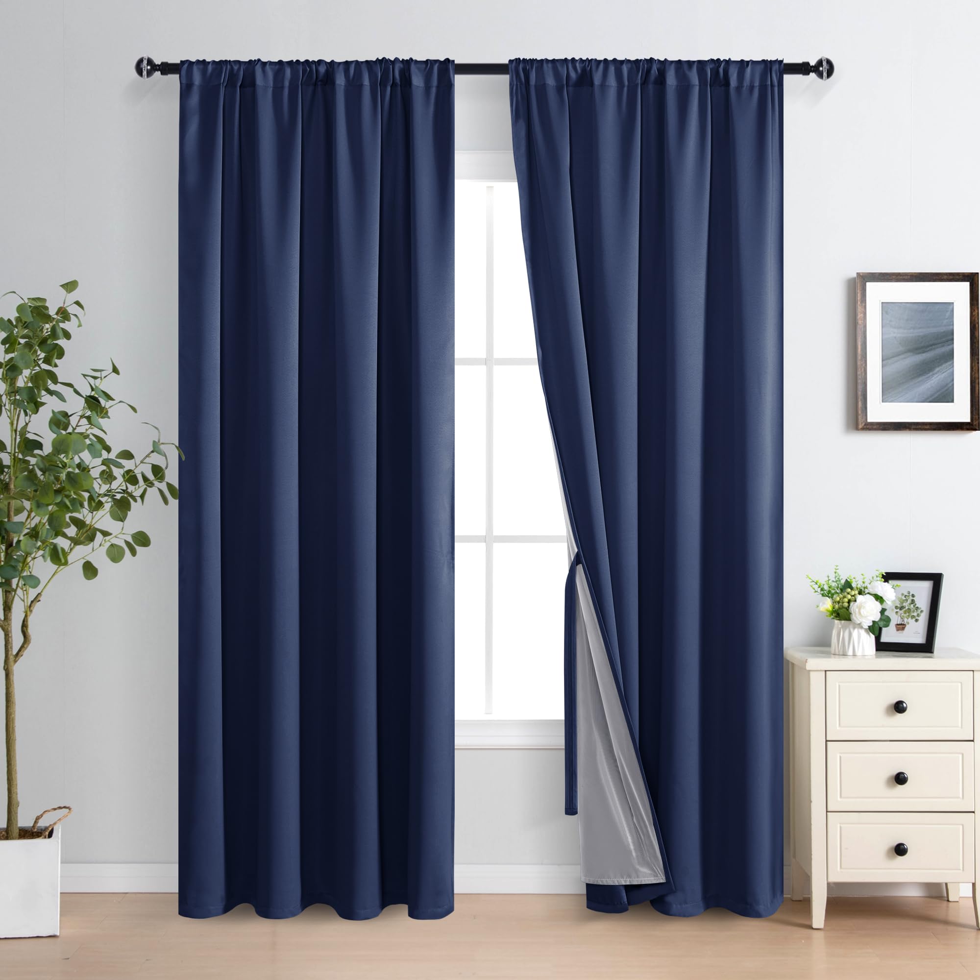 XWZO Full Shading Blackout Curtains 84 Inches Long with Tiebacks- Heat and Light Blocking Rod Pocket Window Drapes with Black Liner Backing for Bedroom/Kid's Room, Navy Blue, W52 x L84, Set of 2
