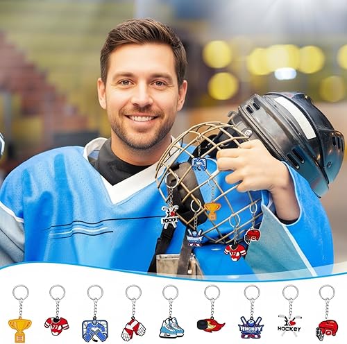 Miniatura 6 de Taiyin 36 llaveros de hockey a granel para fiestas deportivas, suministros de fiesta deportiva, regalos divertidos para jugadores de cumpleaños,