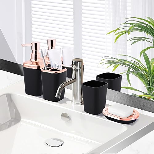 Miniatura 5 de Juego de 9 accesorios de baño negros, con basurero, bandeja, dispensador de jabón, jabonera, soporte para cepillos de dientes, vaso, cepillo de