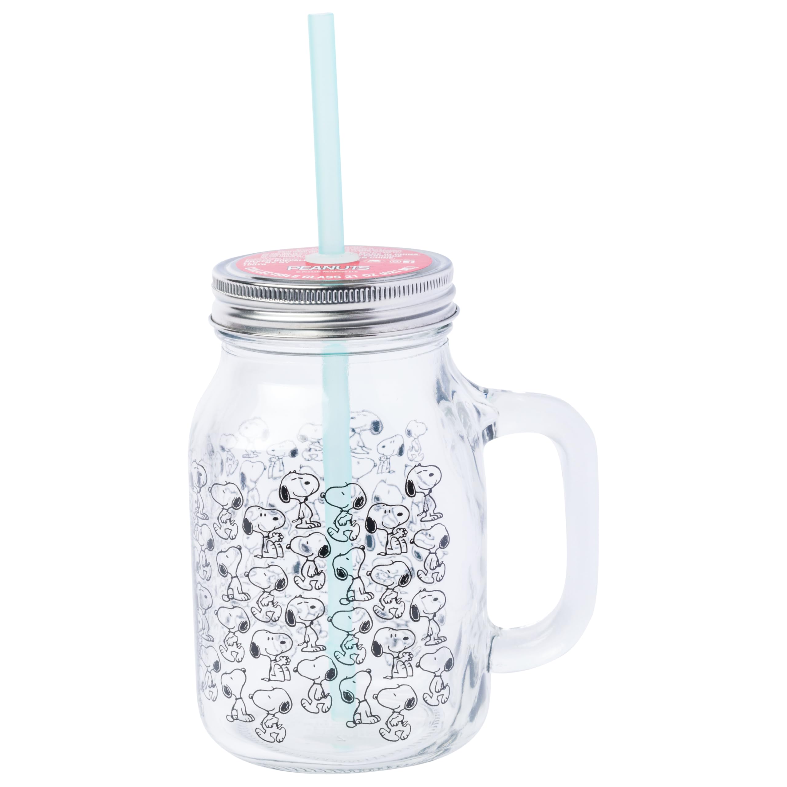 Silver Buffalo Peanuts Snoopy Pattern 21oz Glass Mason Jar w Lid and Straw