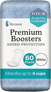 Because Premium Incontinence Boosters - Add Extra Absorbency to Adult Diapers - Super Absorbent, Soft, Contoured Fit - Unisex - 60 Boosters