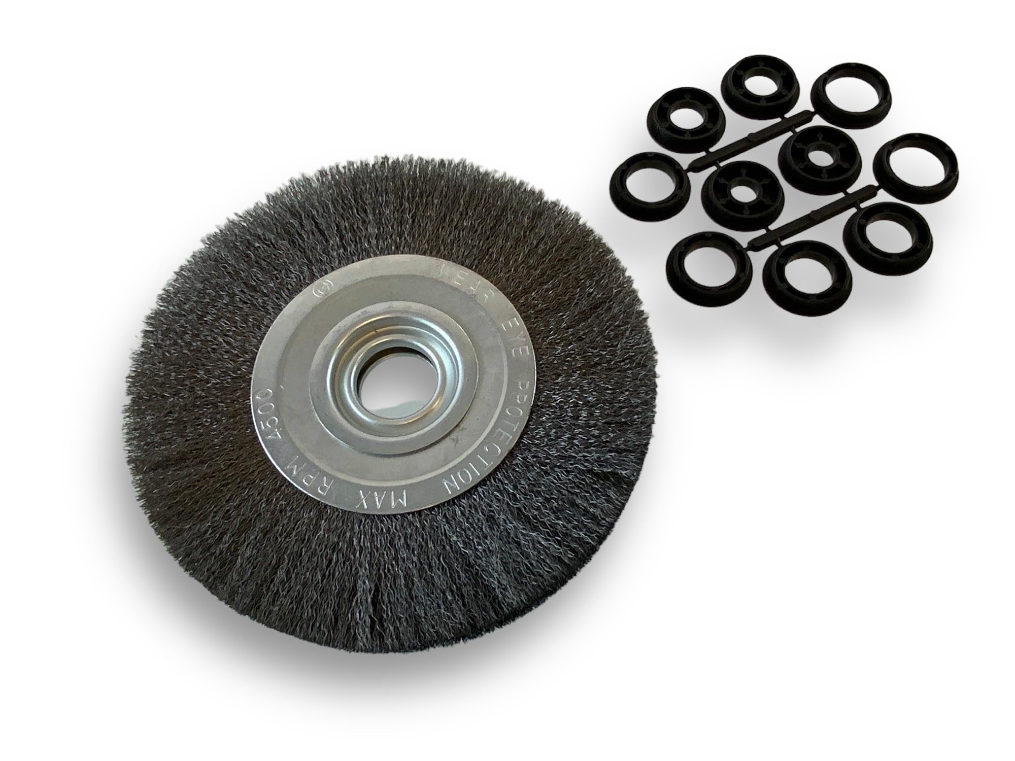 Brosse circulaire ACIER | Ø 200 mm | Epaisseur 2 rangs | Fil dur 0.30 mm ondulé | Alésage 32 mm + réducteur bague 25/​22/​20/​16/​12 mm | Touret meuleuse affûteuse ponceuse | Kibros 238202AT