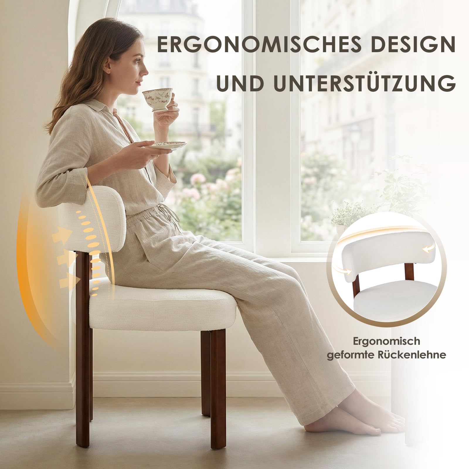 COLAMY Mid-Century Modern Design Sherpa Esszimmerstühle 4er Set, Vintage Landhaus-Stil Bouclé Küchenstühle mit offener geschwungener Rückenlehne für Esszimmer, Restaurant, Beige