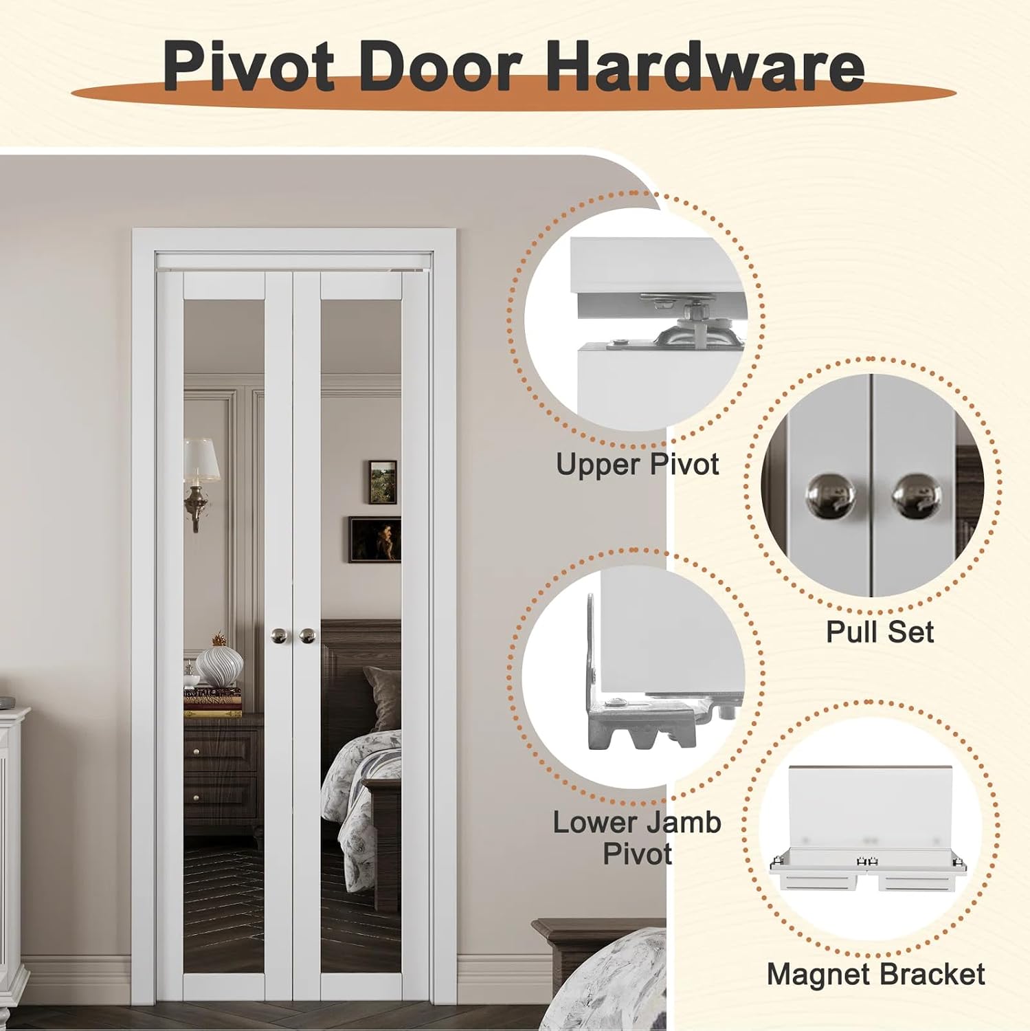 1-Lite Mirrored Pivot-French Solid Core Doors with Installation Hardware Kit, 36" x 80"