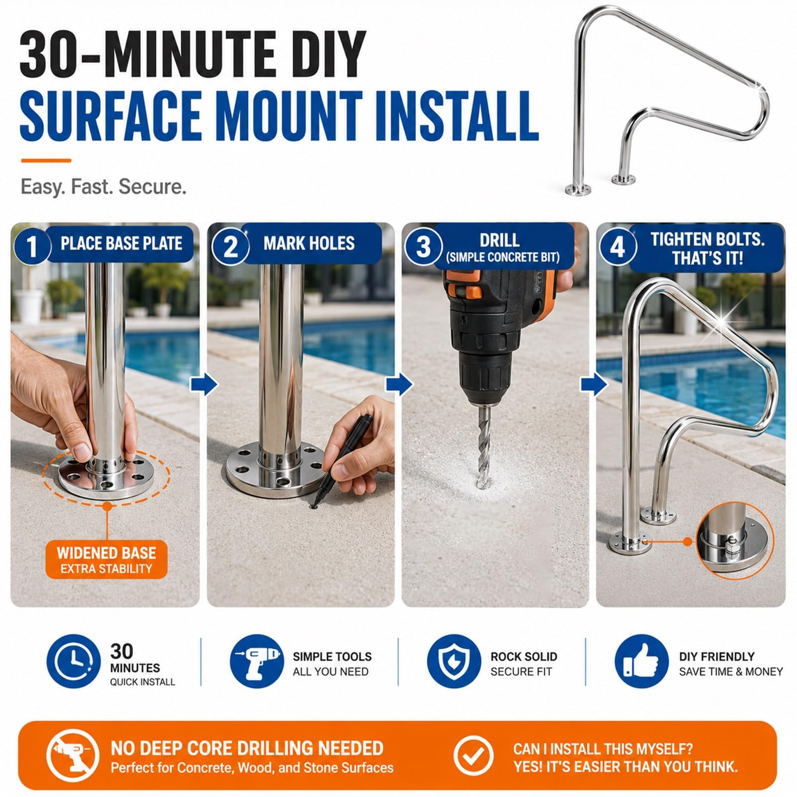 Rampe de Piscine en Inox 304 Résistant à la erosion, Main Courante Robuste Fini Poli Miroir, Barre de Sécurité Longue Durée pour Extérieur(Type D)