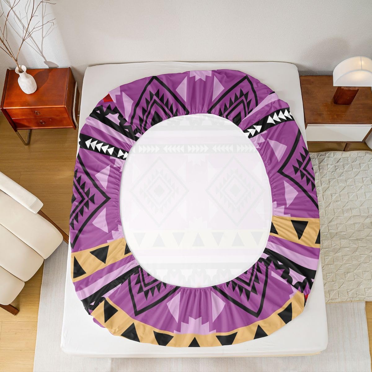 Homewish Fioletowy aztecki zestaw pościeli podwójne azteckie czeskie zachodnie prześcieradła południowo-zachodni rodzimy zestaw prześcieradeł - plemię geometryczny wzór boho dopasowane górne