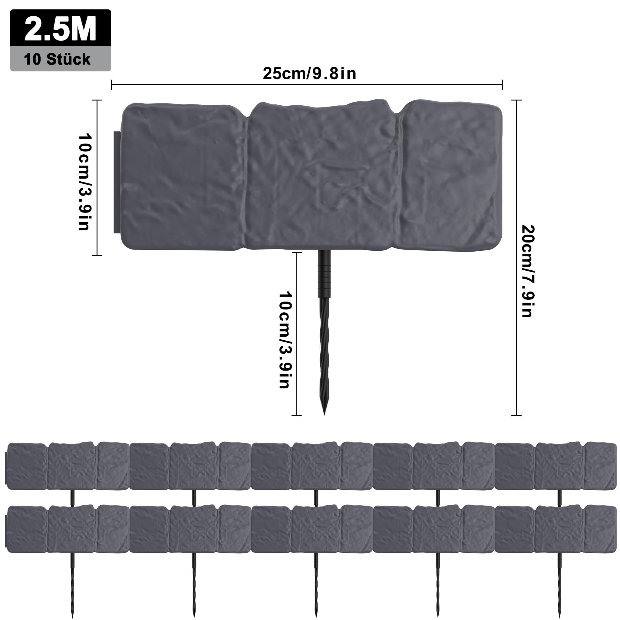 HENGMEI Bordo per aiuole in plastica, 2,5 m, con effetto pietra, 10 pezzi, 25 x 23 cm (lunghezza x altezza), antracite
