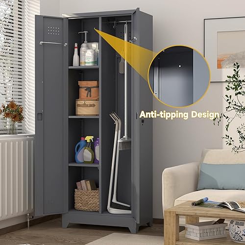 Miniatura 7 de GREATMEET Armario de escoba, armario de escoba con tablero de clavijas y barra para colgar, gabinete de almacenamiento de suministros de limpieza