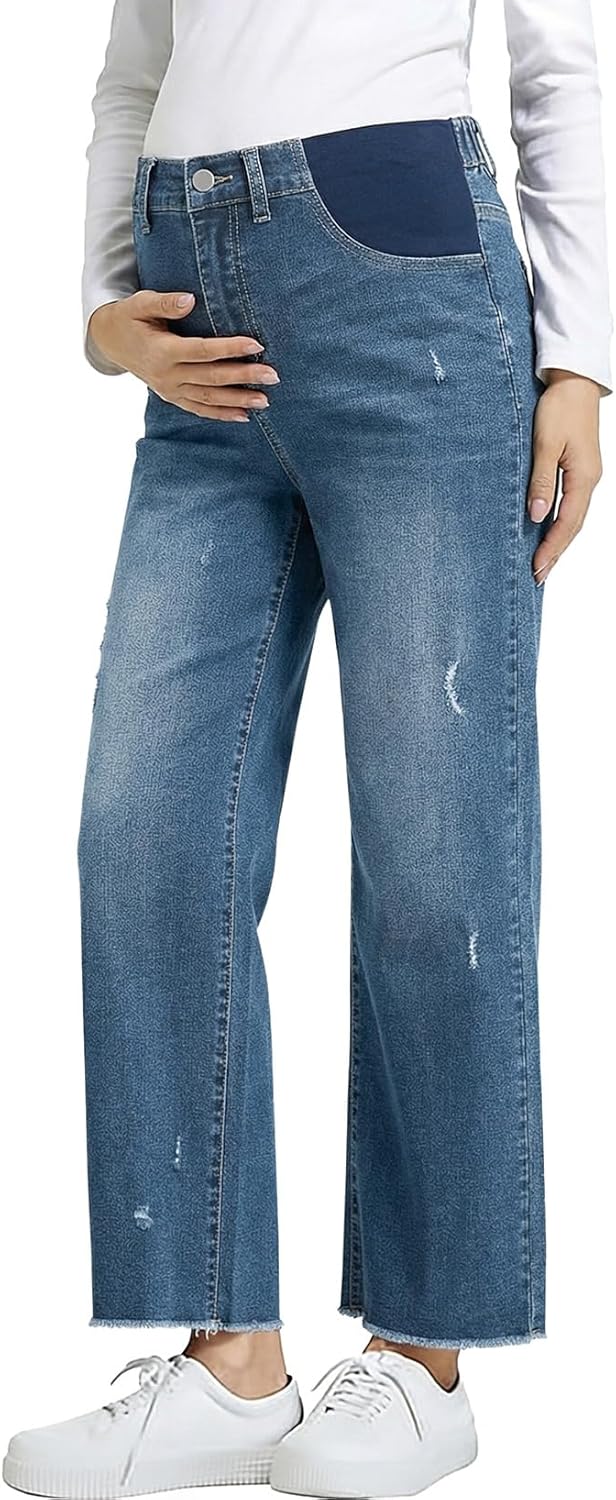 BLENCOT Women's Maternity Jeans Under Belly Raw Hem Ripped Denim Pants Pregnancy Casual Straight Wide Leg Cropped Jeans