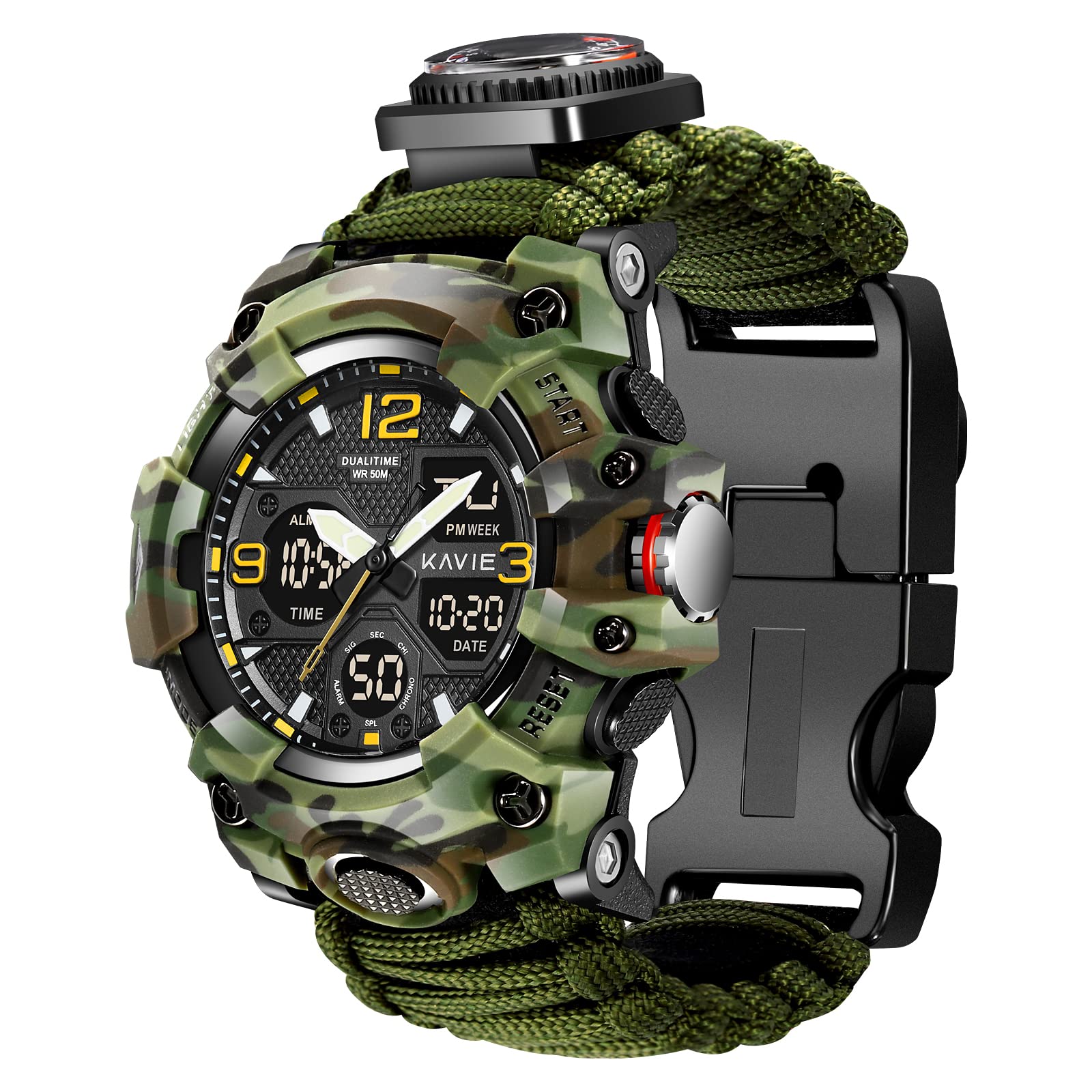 23-in-1 Survival Military Digital Watch, Mens Tactical Multi-Functional and Adjustable Wristband Outdoors Waterproof Sports Dual Dial Watches with Compass Paracord Band