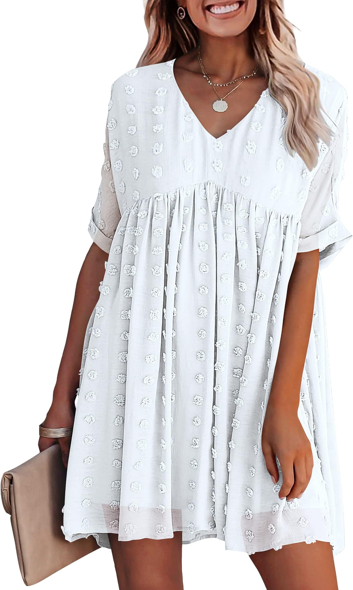 KIRUNDOSummer Women’s Short Sleeves Mini Dress Sexy V Neck Flowy Casual Dress Swiss Dot Short Loose Fit Plus Size Dress