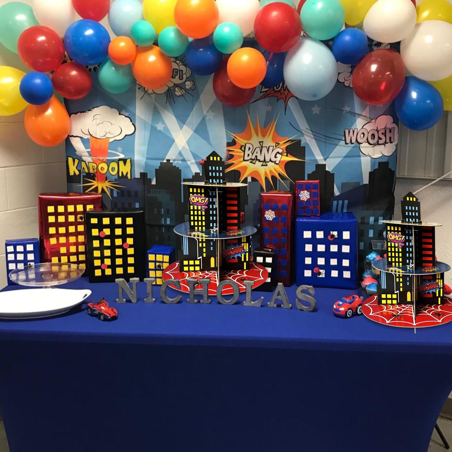 2 Pack Hero Birthday Party Supplies Cupcake Stands, 3-Tier Building Cardboard Cupcake Holder Dessert Display for Spider Birthday Party Decorations - Image 4