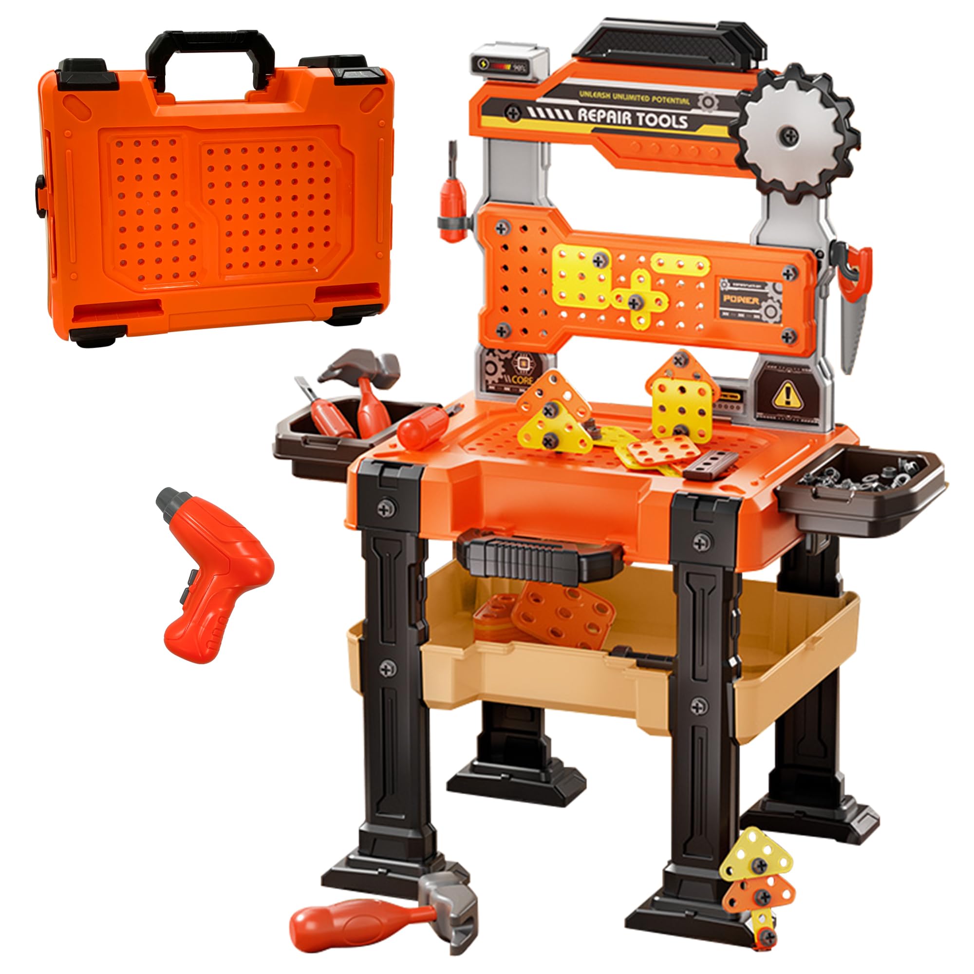 CATCHLUCK Kids Tool Bench Set with Realistic Electric Drill, Kids Workbench & Tool Box in One Design, Toys for 3 4 5 6 Year Old Boys
