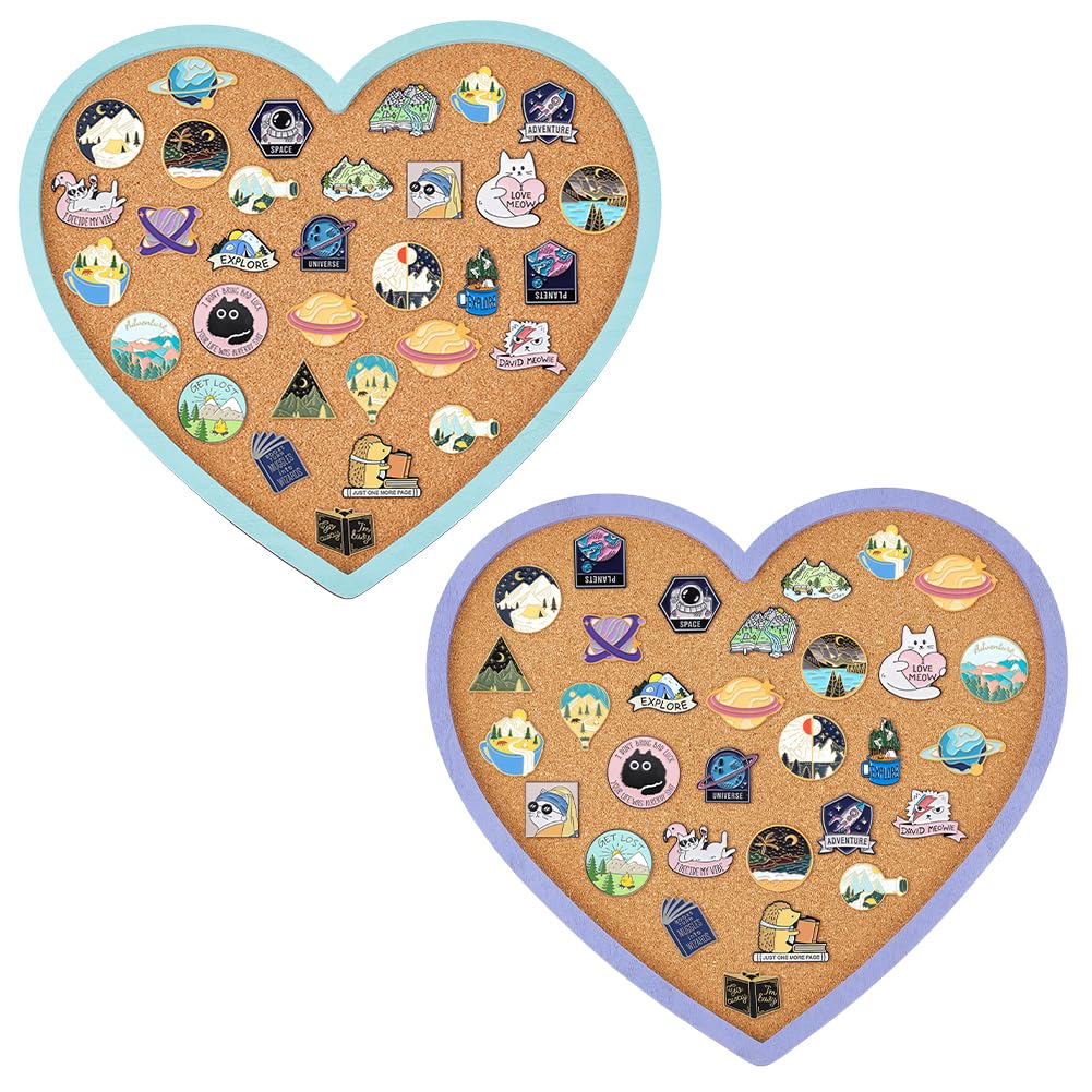 BENECREAT 2 Pack Heart Shaped Pin Board, 270x300mm/10.7x11.8 inch Cork Bulletin Board, Mounted Cork Board for Brooch Display Valentine's Wall Decor 21mm/0.83inch Thick Blue & Purple