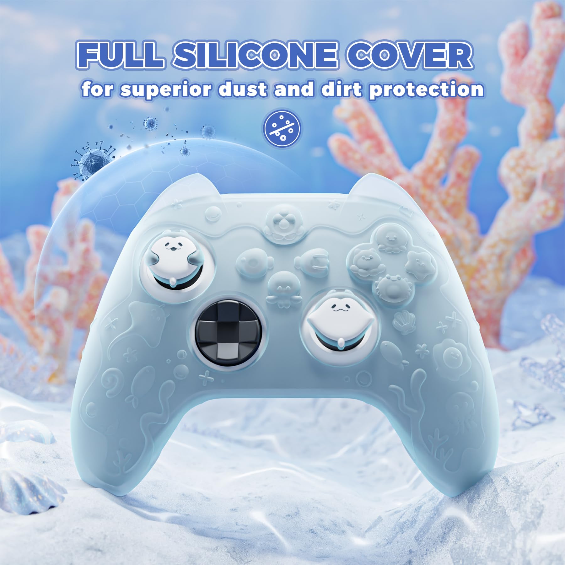 PlayVital Süße Schutzhülle für Xbox Series X/S Controller, Ocean Whisper Serie, Silikonhülle Cover für Xbox Series X/S Controller mit Joystick-Kappen&Schutzfolie, Rundumschutz (Mintblau) - 5