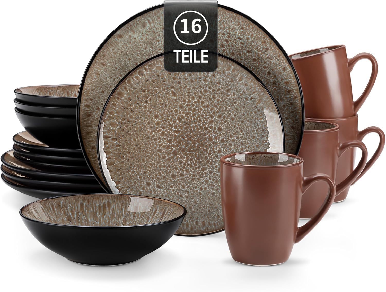Tafelservice Steinzeug, vancasso 16-tlg. BUBBLE Kombiservice aus Steingut, inkl. Schalen, Tassen, Desserttellern & Speisetellern für 4/8/12 Personen