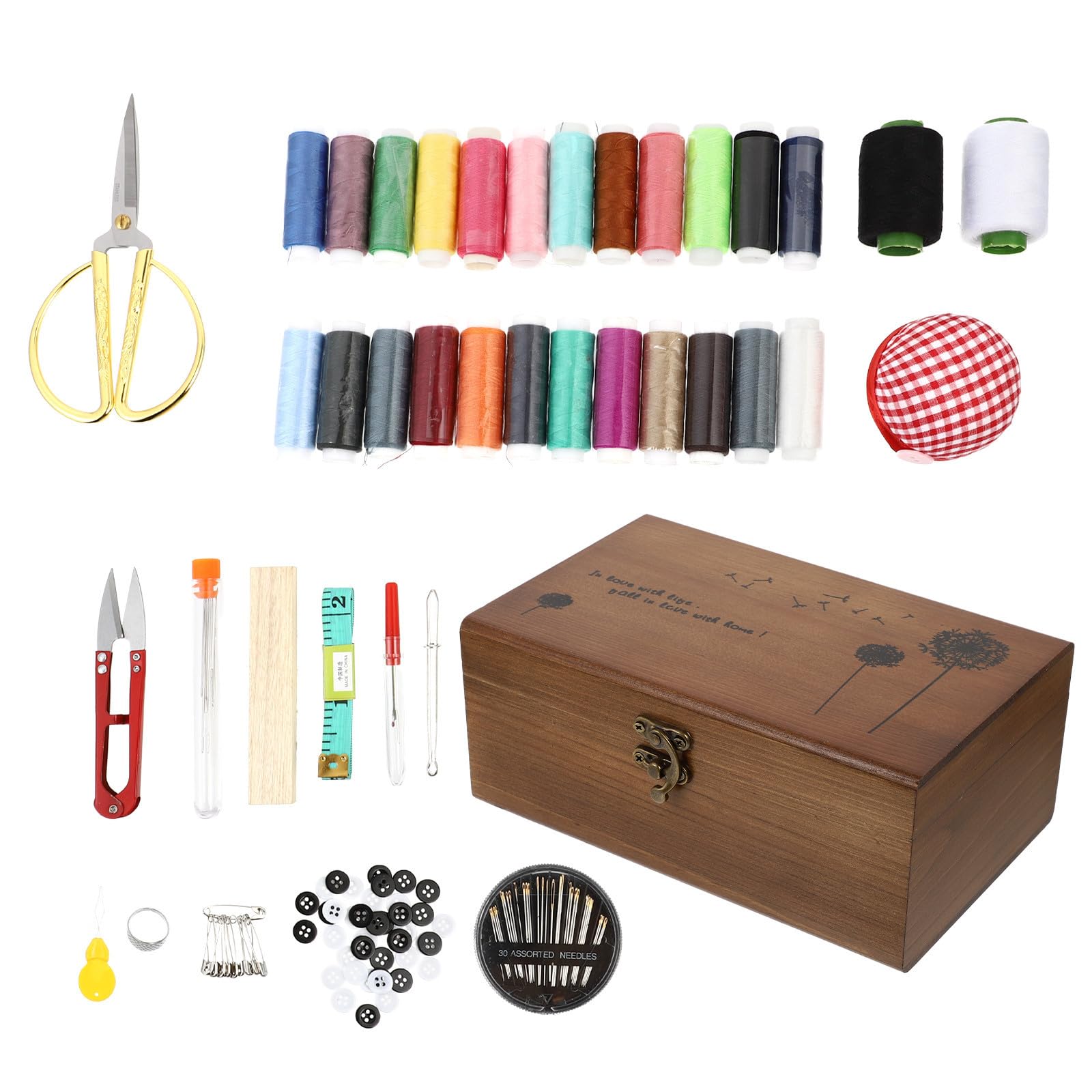 Kit de Costura Portátil Hogar Caja de Madera Marrón, Herramientas de Acero Inoxidable y Algodón para Manualidades DIY Prácticas