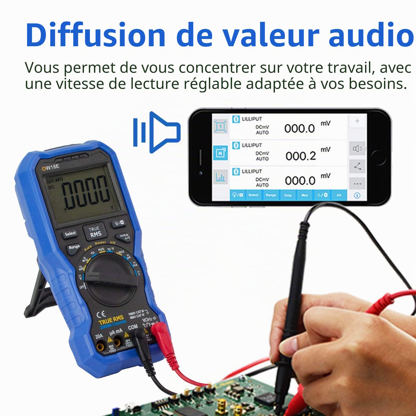 owon OW18E Multimètre numérique Bluetooth, 20000 comptages multimètres, Voltmètre Ampèremètre Ohmmètre Vérificateur de circuit avec fils de test LCD rétro-éclairés, Enregistreur de données T-Rms NCV