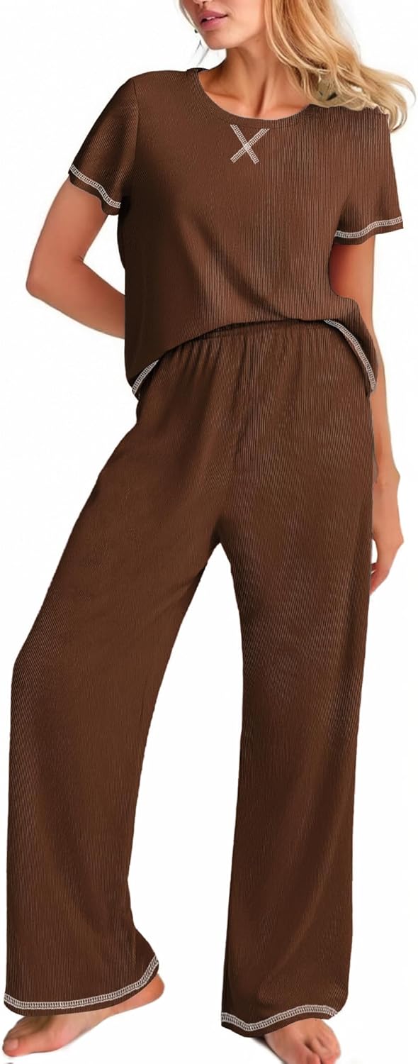 Ekouaer Women Soft Pant Sets Short Sleeve Top and Long Pants Pjs 2 Piece Lightweight Pajama Sets with Pockets