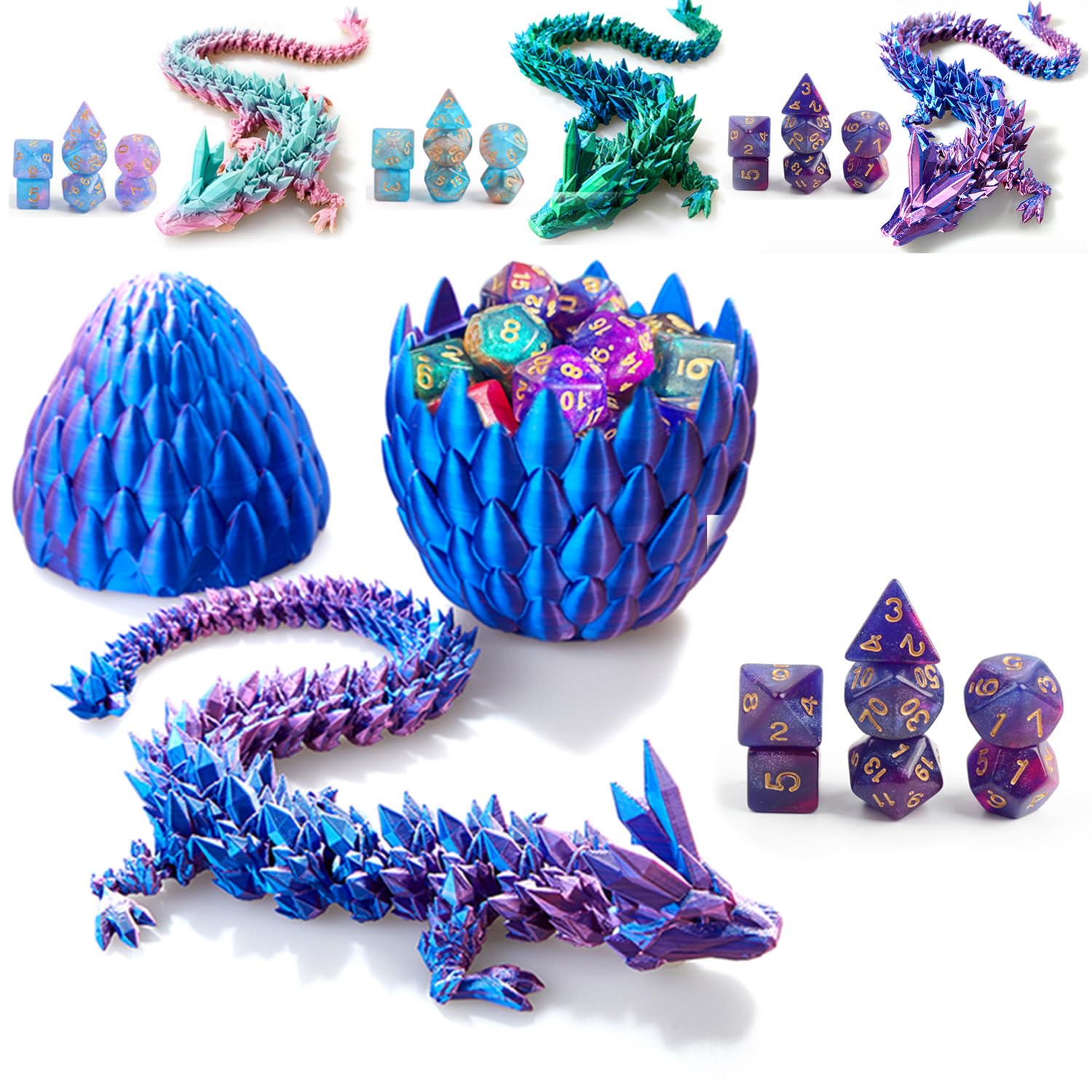 DND Dice Set (7 Pieces) and 3D Printed Dragon Egg (Purple)