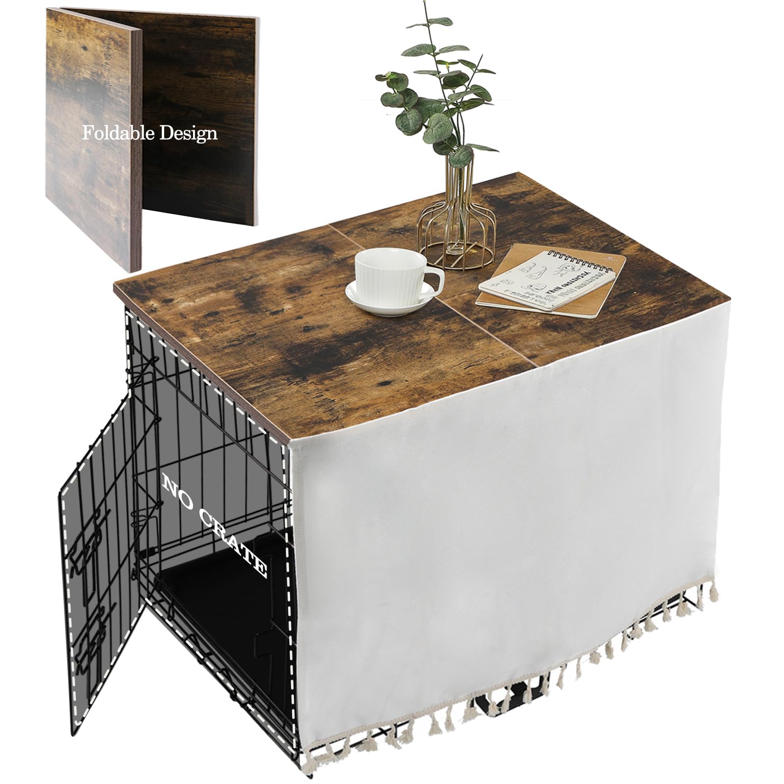 VIE DE AMAN Dog Crate Topper Wood for 24 30 36 42 48 inch Cages, Table Foldable Dog Kennel Topper with Tassel Curtain, Rustic Style Top Rustic Brown(