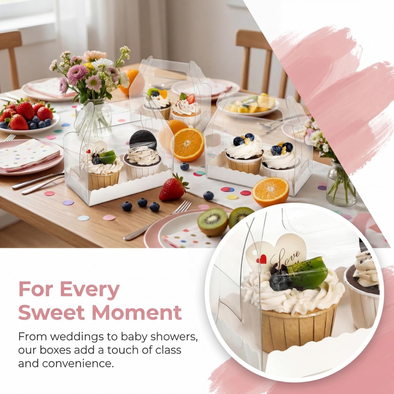 40 Pack Clear Gable Bakery Gift Box, Candy Treat Boxes with Handle, Party Favor Treat Dessert Cookies Container for Birthday Wedding Baby Shower, 6.4''L x 3.5''W x 3.3''H