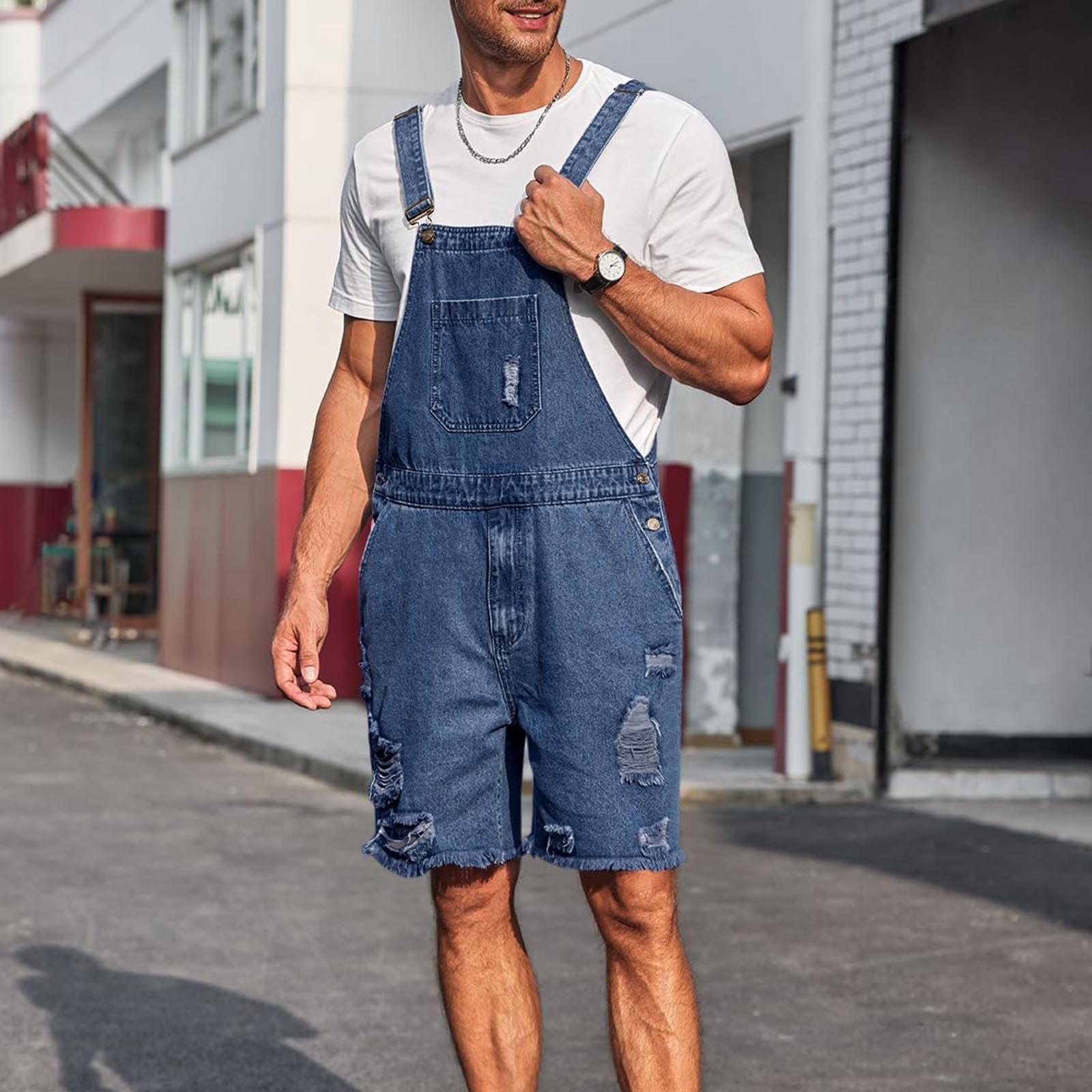 Combinaison courte à bretelles pour homme - Décontractée - Confortable - Légère - Vintage - Salopette élégante avec poches - Trou déchiré - Jean court - Mode classique