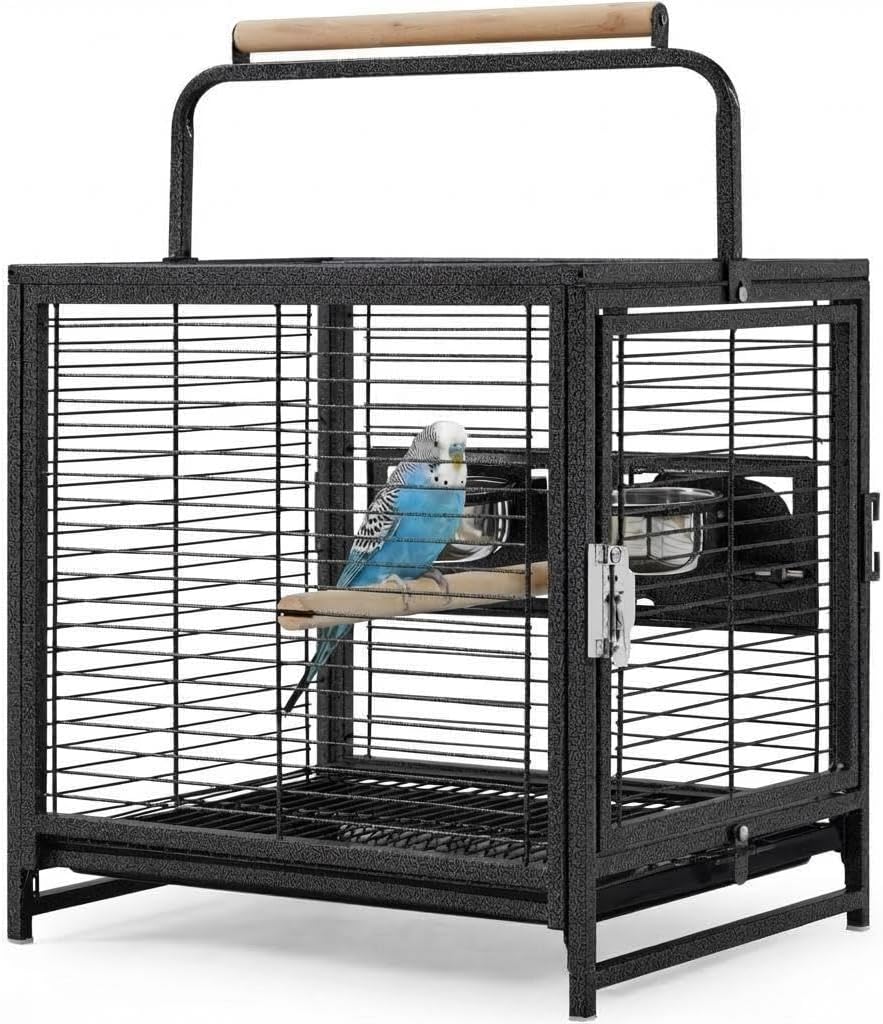 Garvee Bird Travel Carrier Cage, 25" h Small Bird Cage with with Wooden Perch Handle, Bird Carrier for Parrots Conures Lovebird Cockatiel Parakeets Black