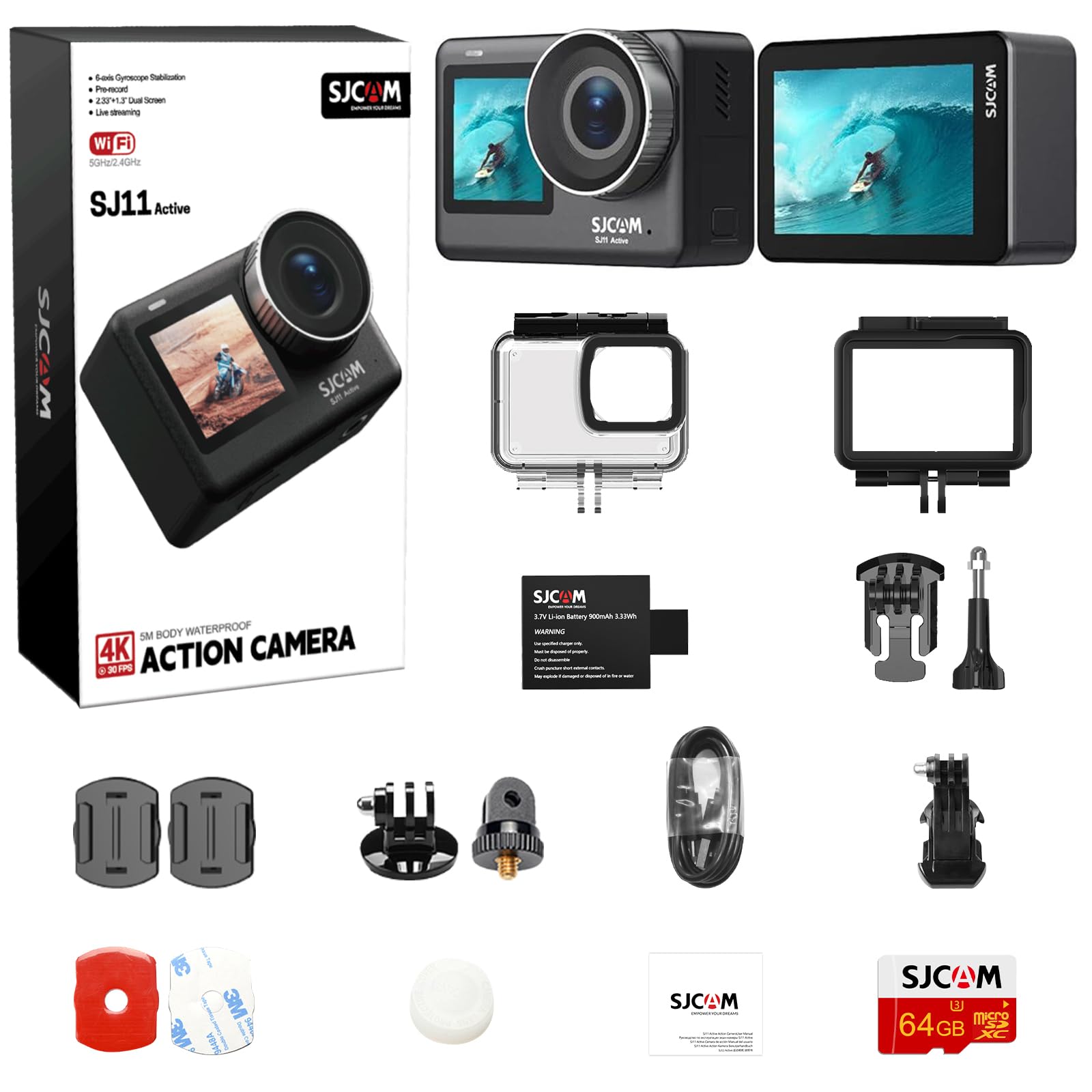 SJCAM SJ11 4K30FPS Action Cam, 2.4G/5G WiFi Telecamera Supporto Telecomando,2.33'' Schermo tattile 154° FOV con stabilizzazione 6-aixs, Corpo 5M impermeabile fotocamera subacquea con 64G SD Card