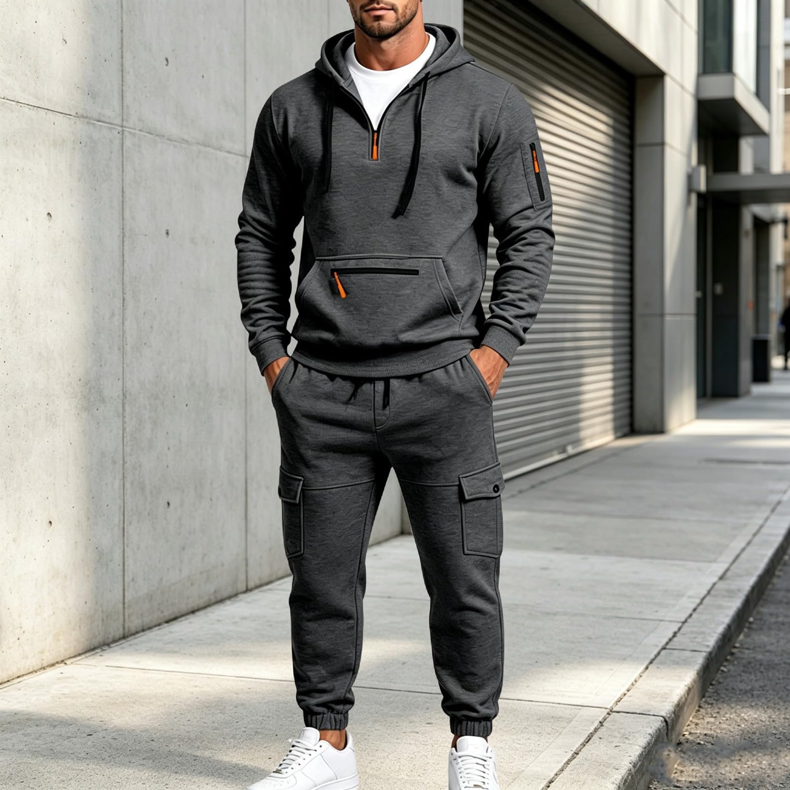 Generisch Survêtement pour homme - Avec capuche - Demi-fermeture éclair - Poches cargo - Lacets - Baggy - Décontracté - Sport - Survêtement doux