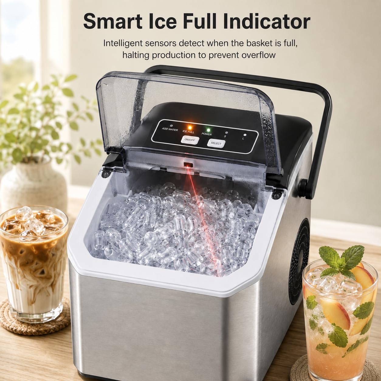 Máquina de Hielo de Bala Transparente, 9 Cubitos en 6-8 Min | Depósito 1,3L con hasta 63 cubitos, 2 tamaños ajustables y autolimpieza para hogar, oficina, camping y fiestas.