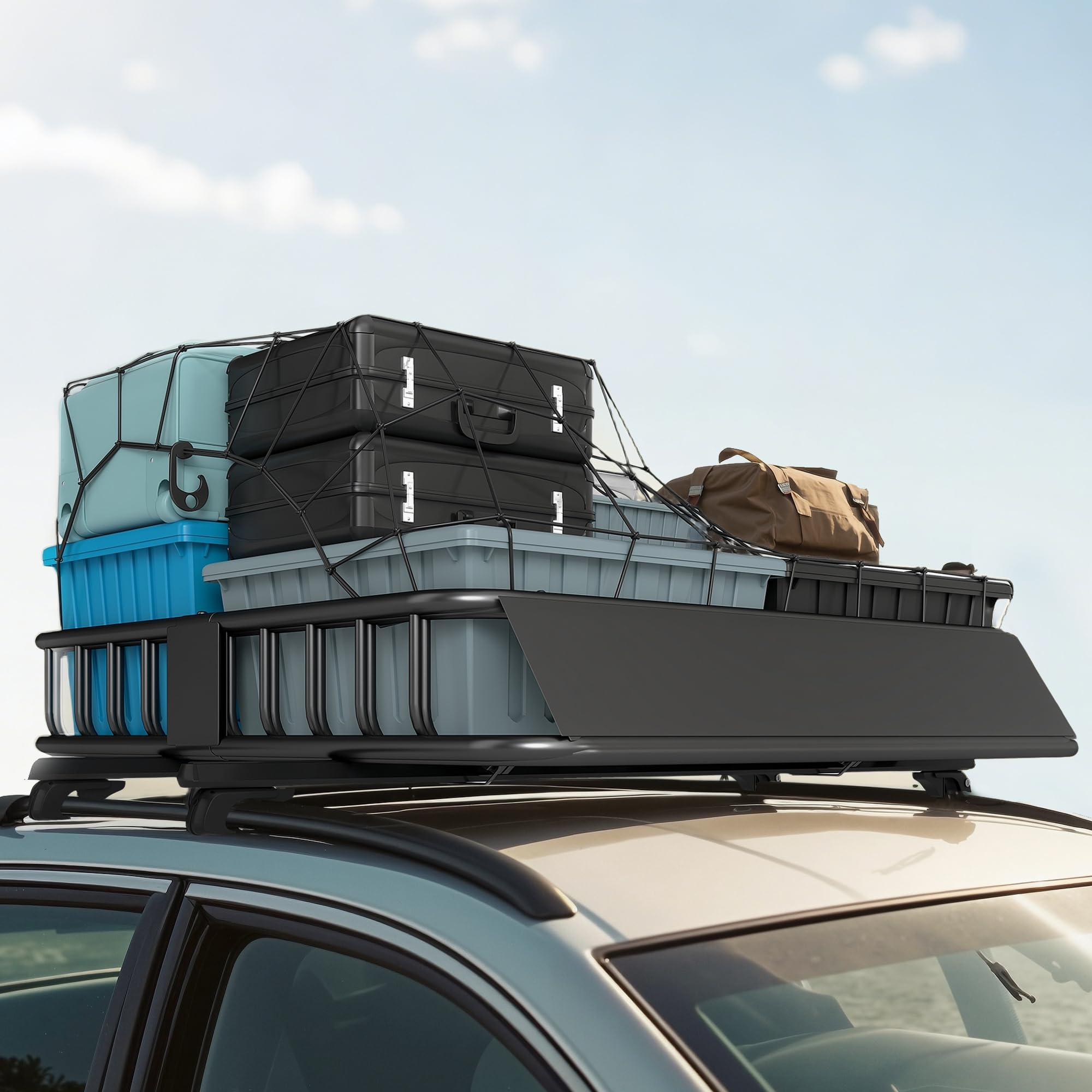 HOMCOM Cesta de Techo Universal para Vehículos de Acero, Baca Portaequipajes Coche Automóvil Carga 90,7 kg con Deflector, Barandillas, para SUVs, Pickups, Sedanes, 110,5x99,5x18,5 cm, Negro